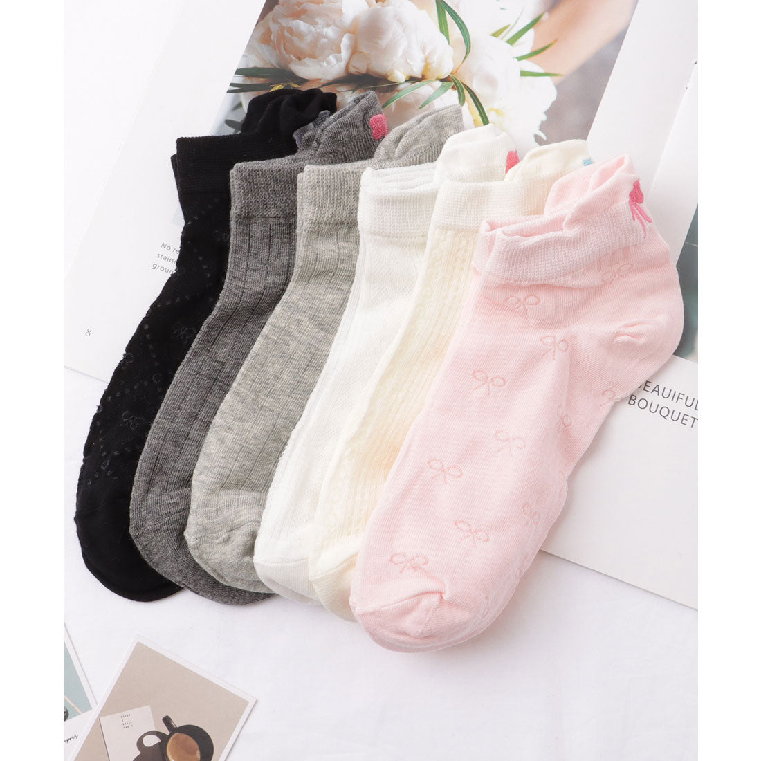 レースレディース Lace Ladies 【6足セット】リボン モチーフ ベーシック ショート ソックス (B.ミックス) B.ミックス