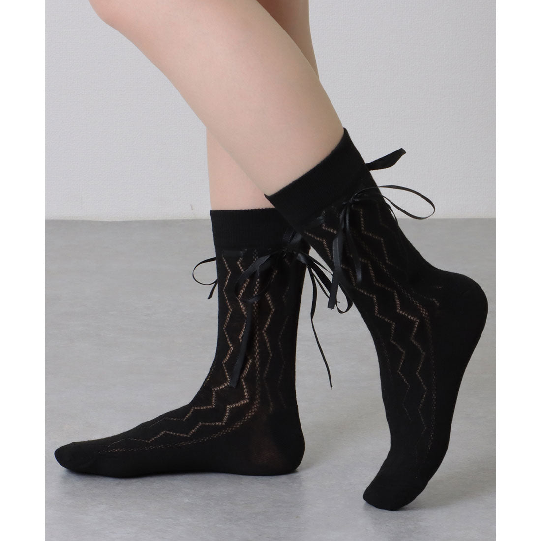 レースレディース Lace Ladies 【6足セット】 ウエーブ レース ソリッドカラー クルー丈 ソックス (A.ブラック) A.ブラック
