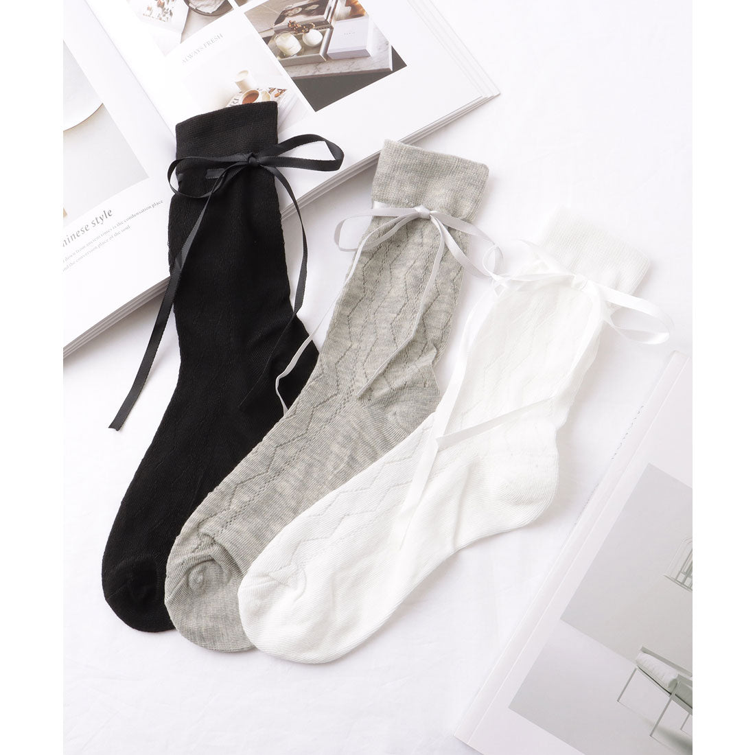 レースレディース Lace Ladies 【6足セット】 ウエーブ レース ソリッドカラー クルー丈 ソックス (A.ブラック) A.ブラック