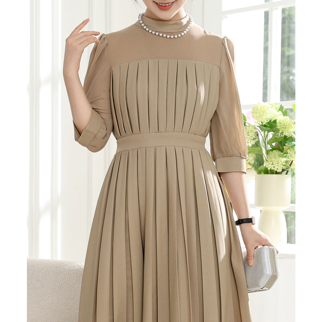 Lace Ladies Sheer Docking Long Pleated One-Piece Dress
