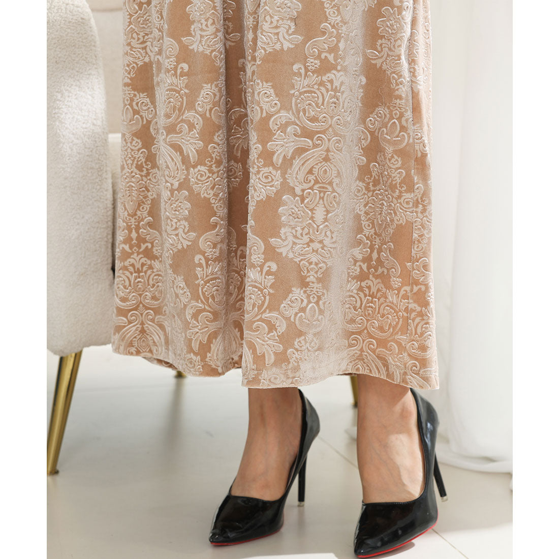 レースレディース Lace Ladies ダマスク柄 シフォン ドッキング キャンディ スリーブ ワンピース (ベージュ) ベージュ