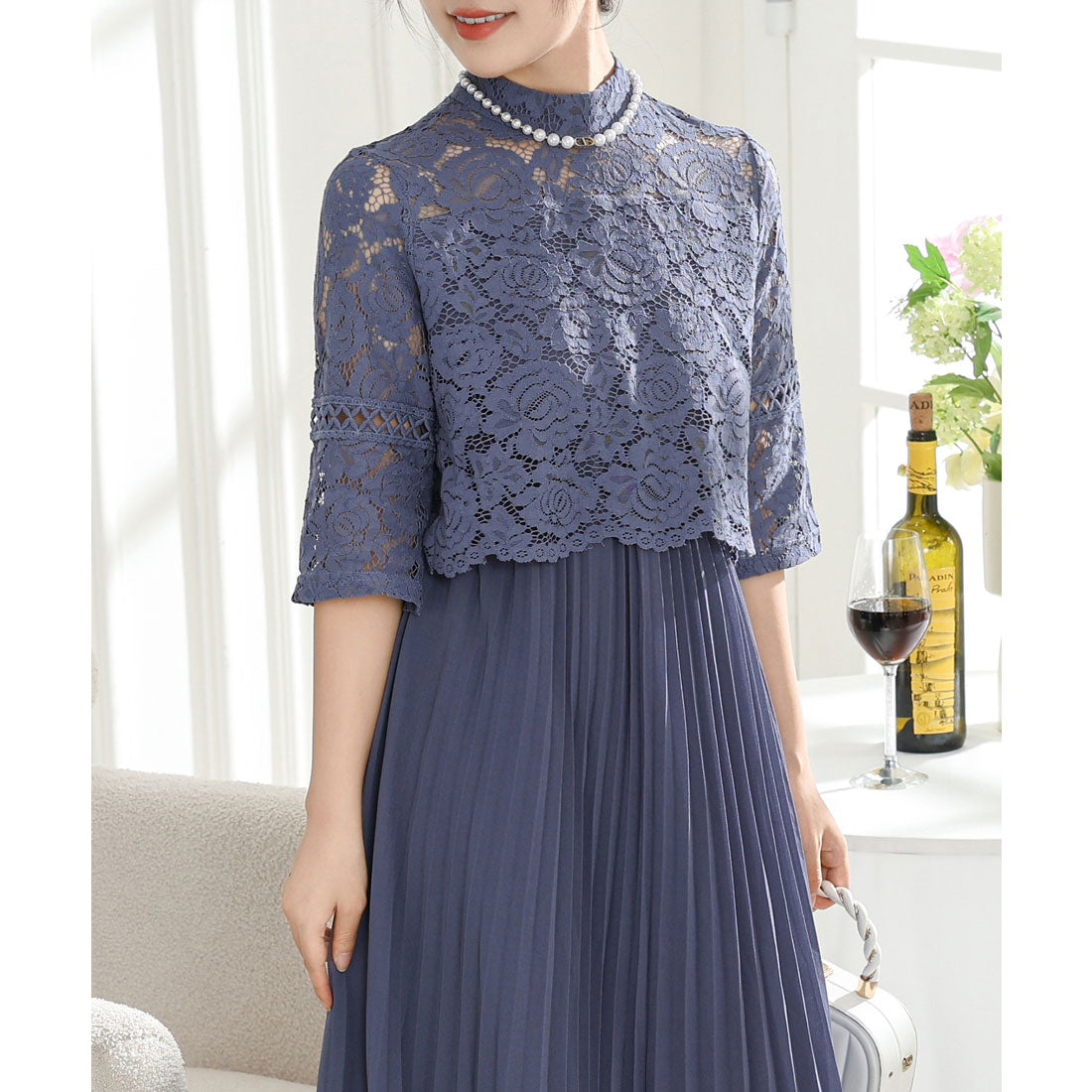 レースレディース Lace Ladies レース ショール シアー プリーツ ワンピース (ブルーグレー) ブルーグレー