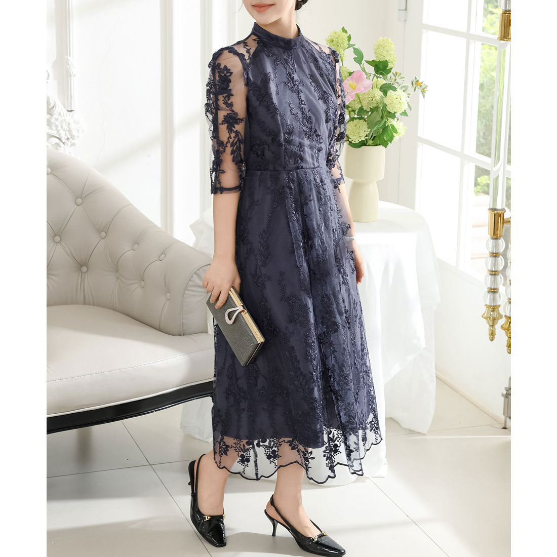 レースレディース Lace Ladies 総レース プチハイネック スカラップ フレア ワンピース