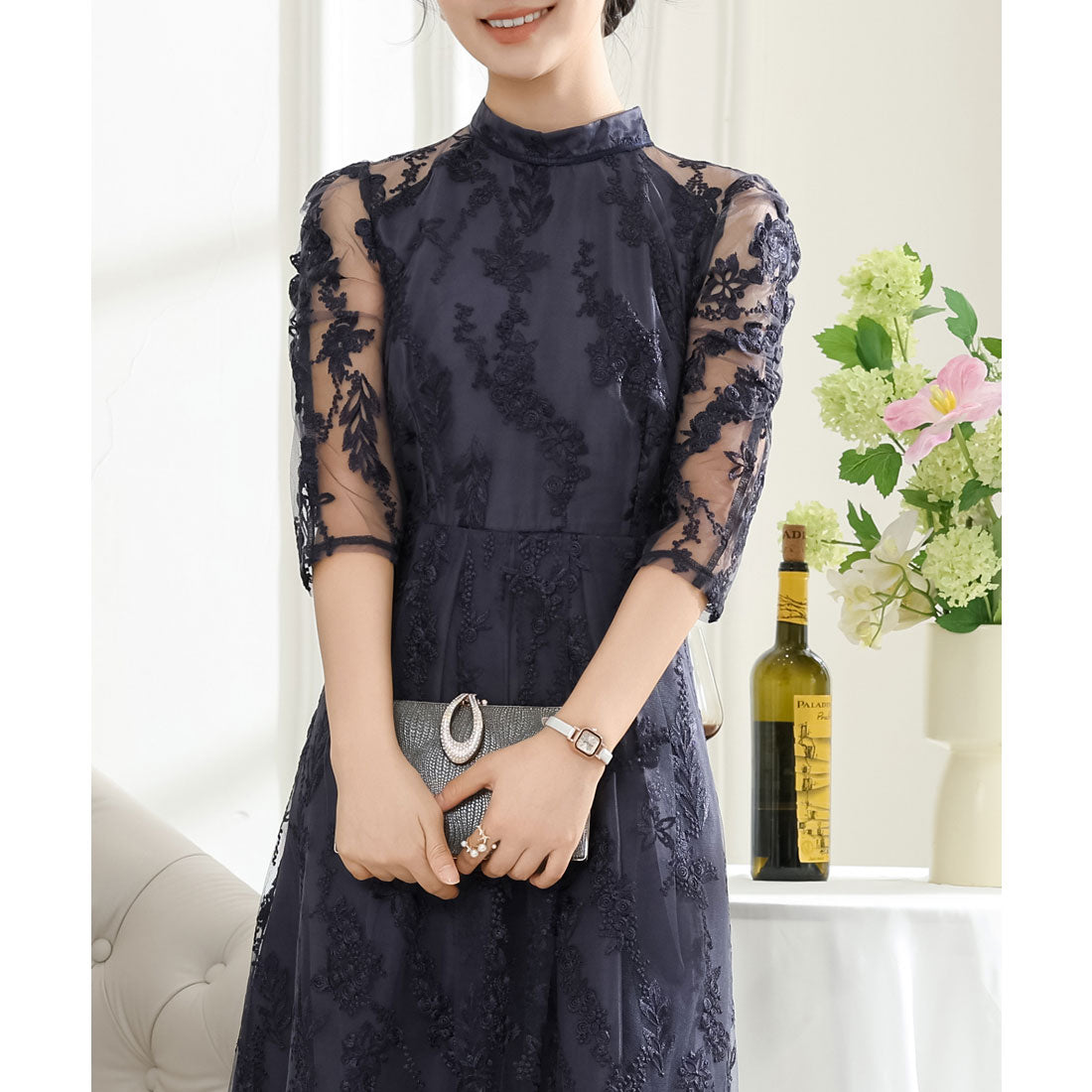 レースレディース Lace Ladies 総レース プチハイネック スカラップ フレア ワンピース