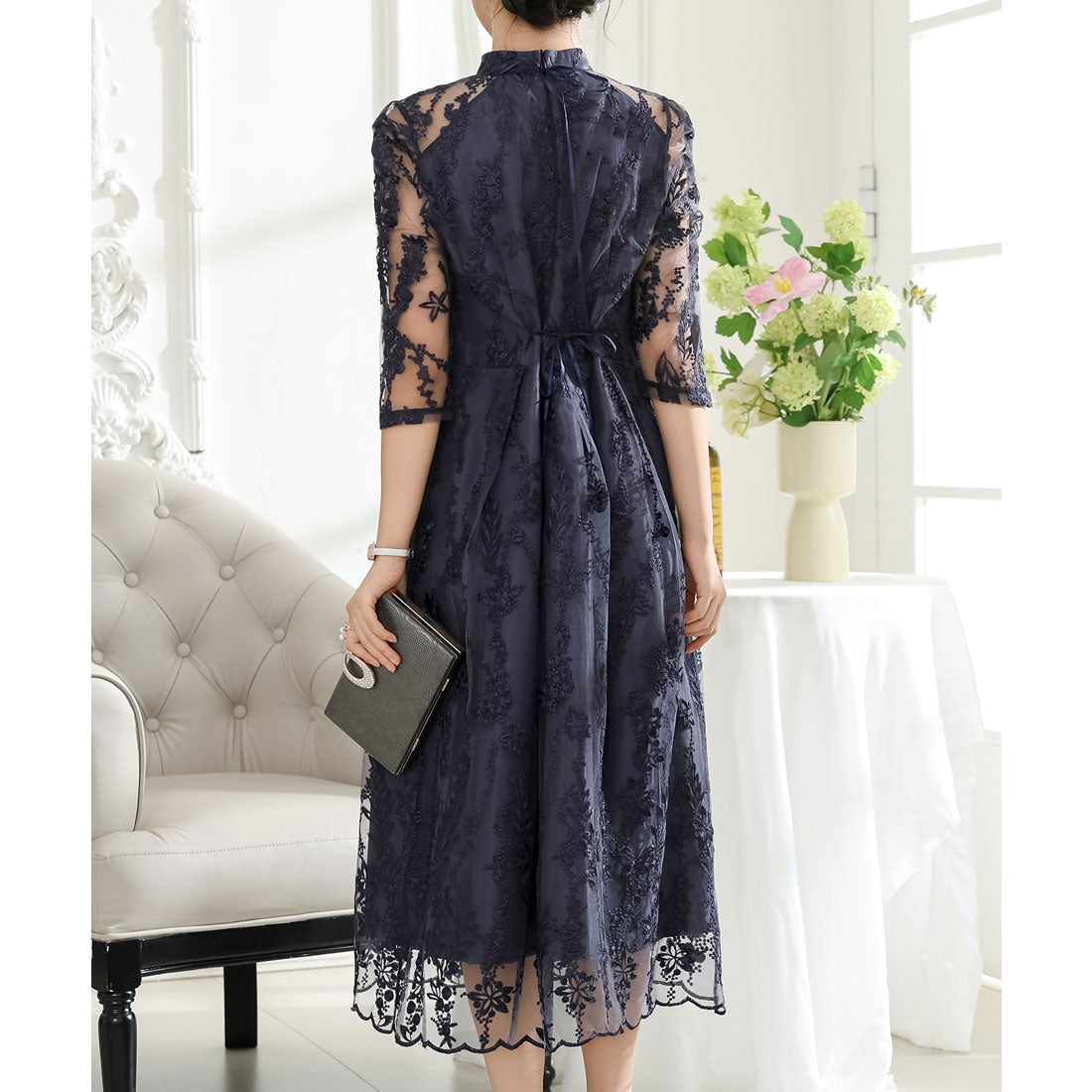 レースレディース Lace Ladies 総レース プチハイネック スカラップ フレア ワンピース