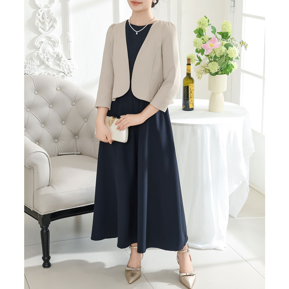 Race Ladies Lace Ladies [2-Piece Set] No-Collar Jacket with A-Line Sleeveless Dress