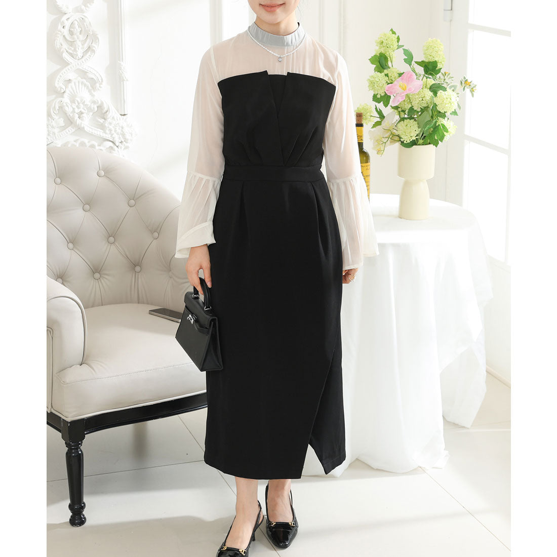 レースレディース Lace Ladies フェイクレイヤード タック プリーツ タイト ワンピース