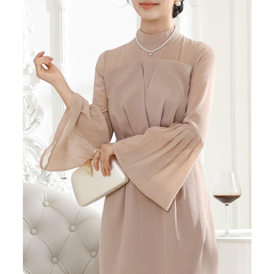 レースレディース Lace Ladies フェイクレイヤード タック プリーツ タイト ワンピース