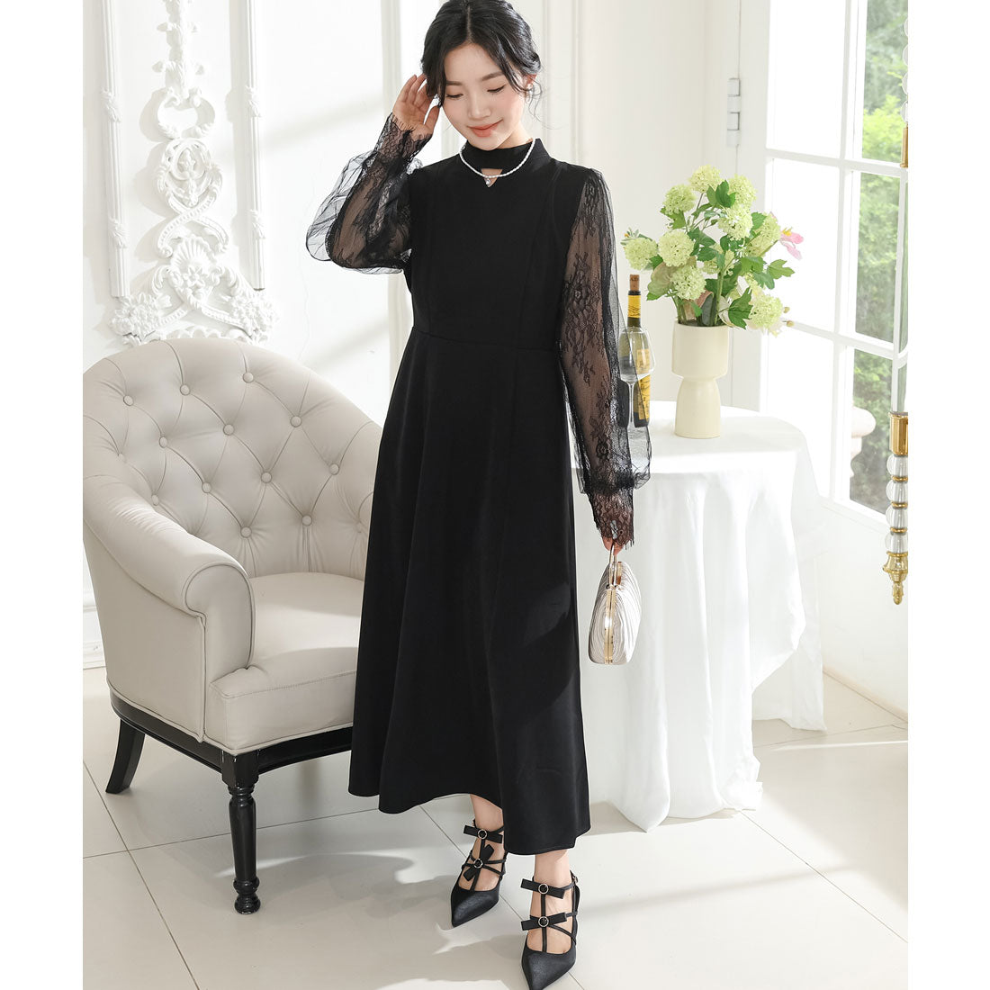 レースレディース Lace Ladies プチハイネック レース ドッキング ロング ワンピース