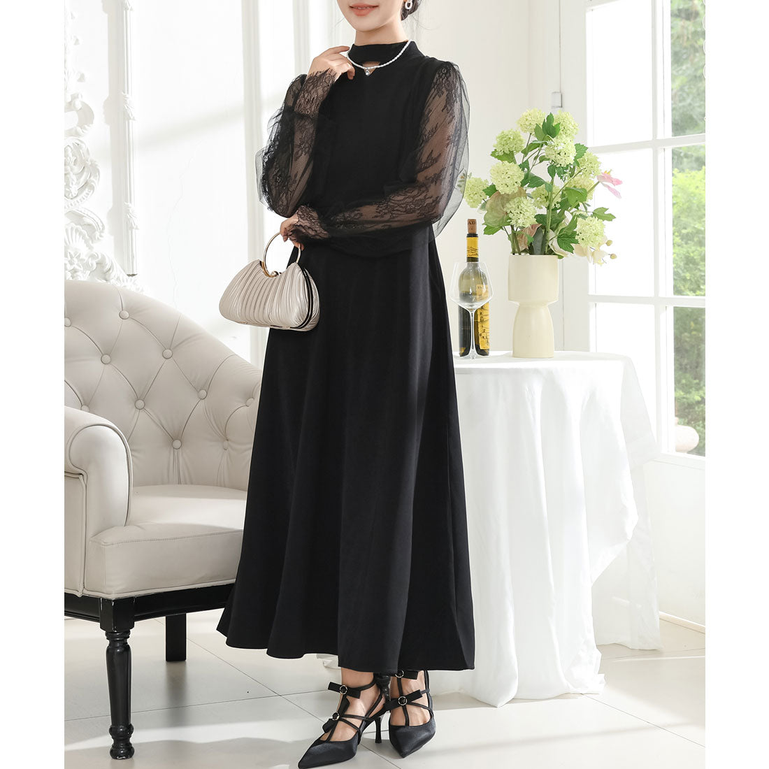 レースレディース Lace Ladies プチハイネック レース ドッキング ロング ワンピース