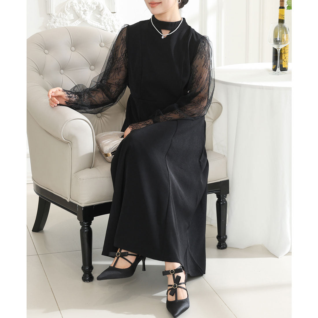 レースレディース Lace Ladies プチハイネック レース ドッキング ロング ワンピース