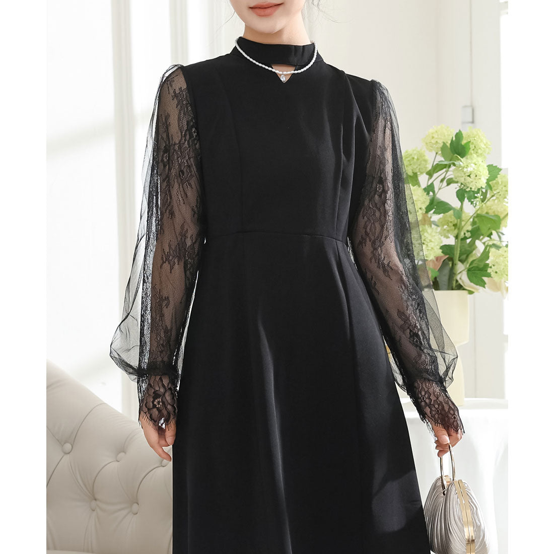 レースレディース Lace Ladies プチハイネック レース ドッキング ロング ワンピース