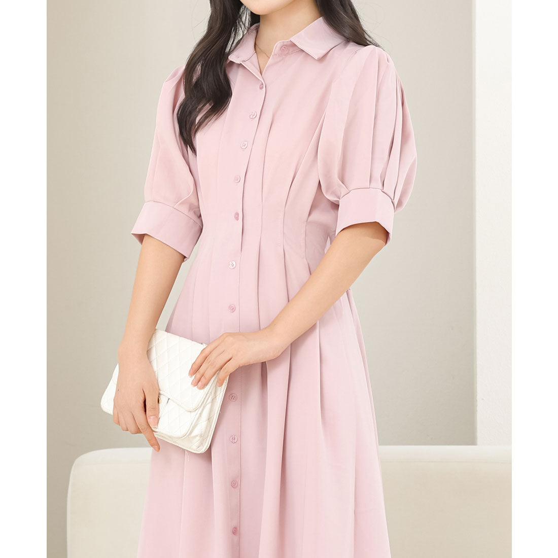 レースレディース Lace Ladies バックレースアップ パフスリーブ ロング シャツ ワンピース (ピンク) ピンク