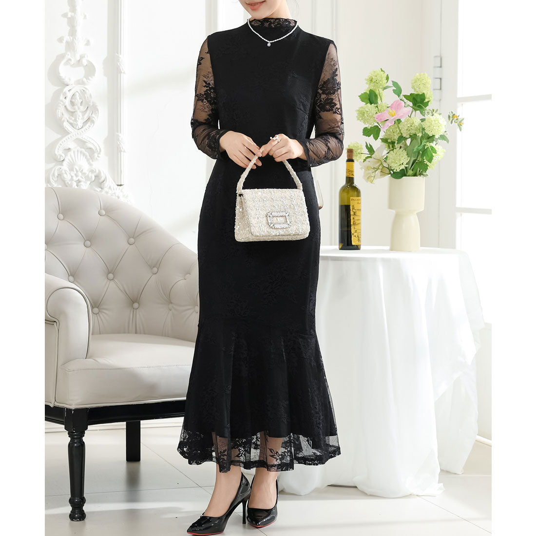 レースレディース Lace Ladies フラワー 総レース マーメイド ドレス ワンピース