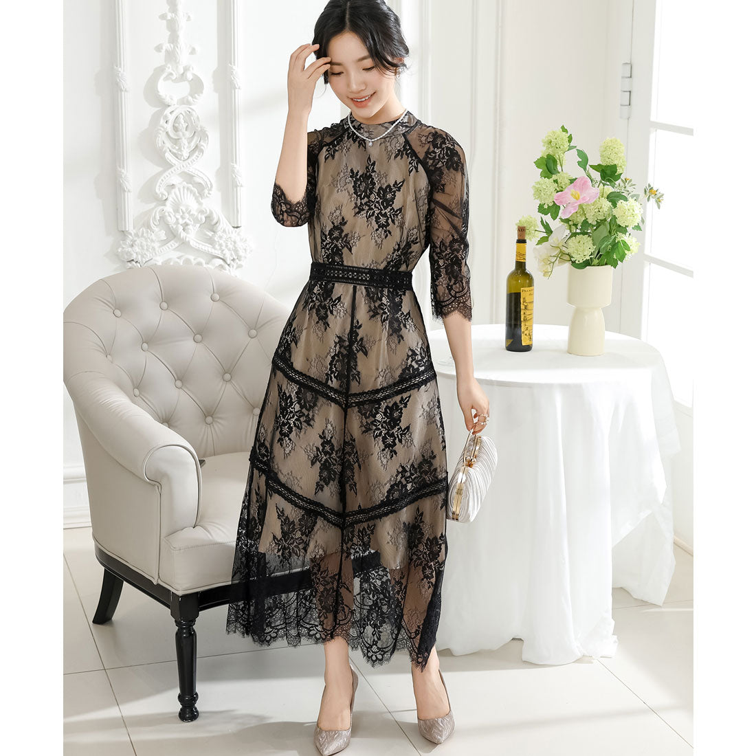 レースレディース Lace Ladies プチハイネック 総レース 7分袖 マキシ ワンピース (ブラック) ブラック