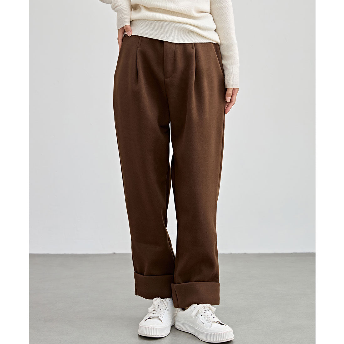 レースレディース Lace Ladies 裏起毛 ストレート ロールアップ タック パンツ