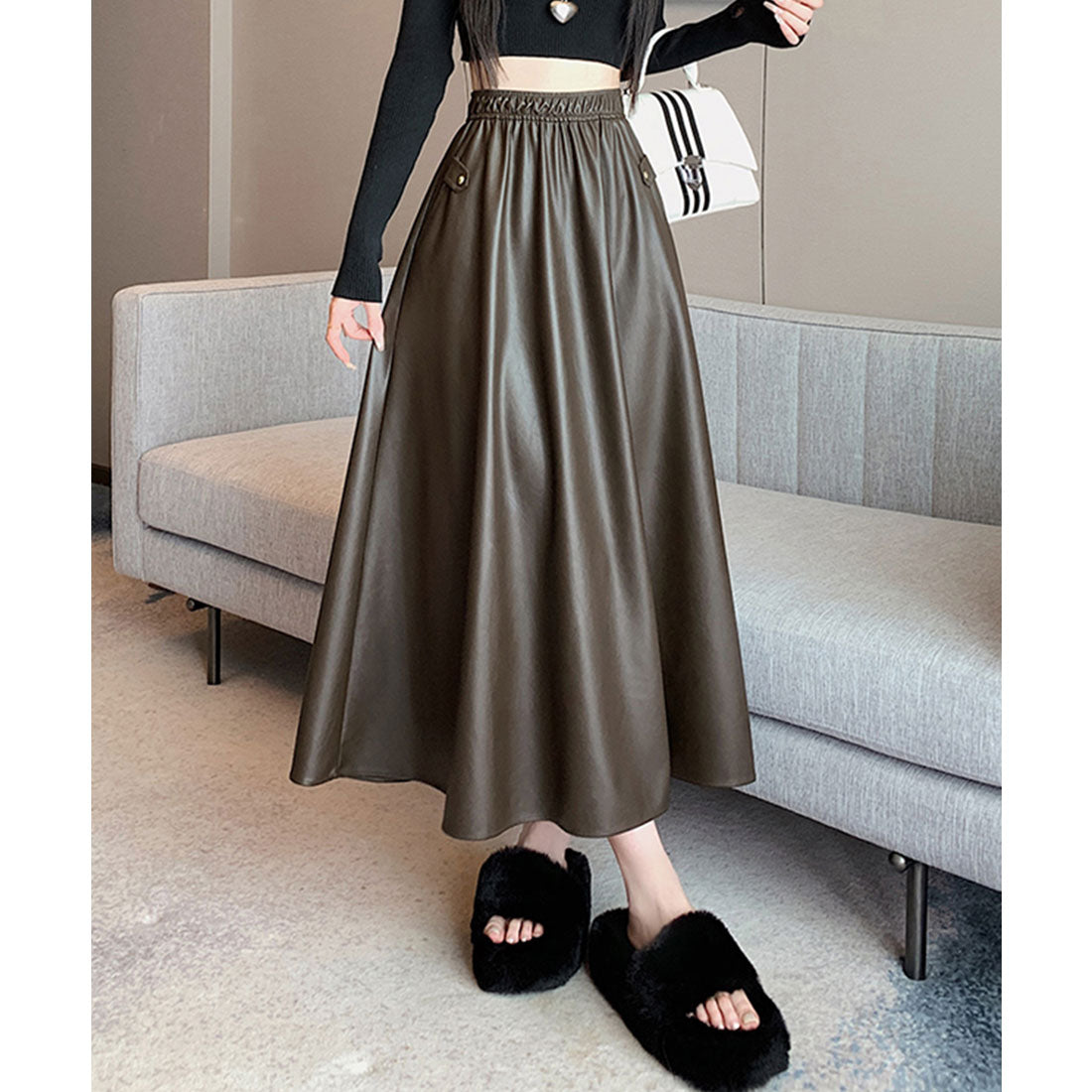 レースレディース Lace Ladies ハイウエスト レザー調 Aライン イージー スカート