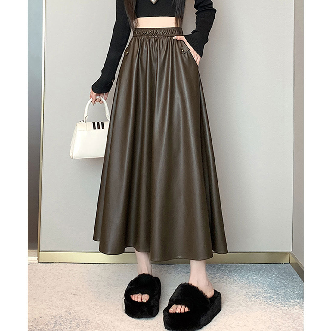 レースレディース Lace Ladies ハイウエスト レザー調 Aライン イージー スカート