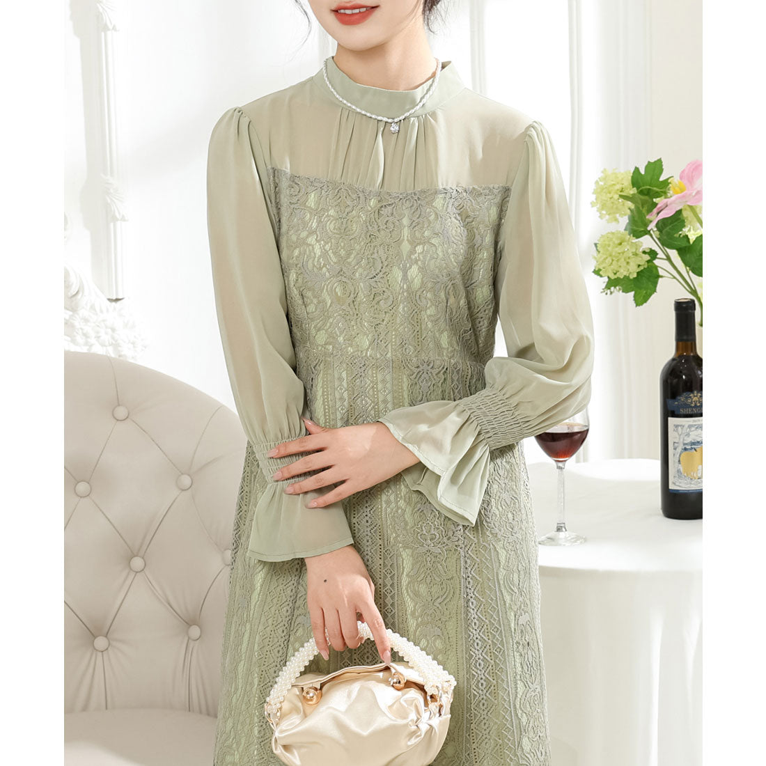 chinese dress ladies Race Ladies Lace Ladies Candy Sleeve Classical Lace Docking One-Piece Dress