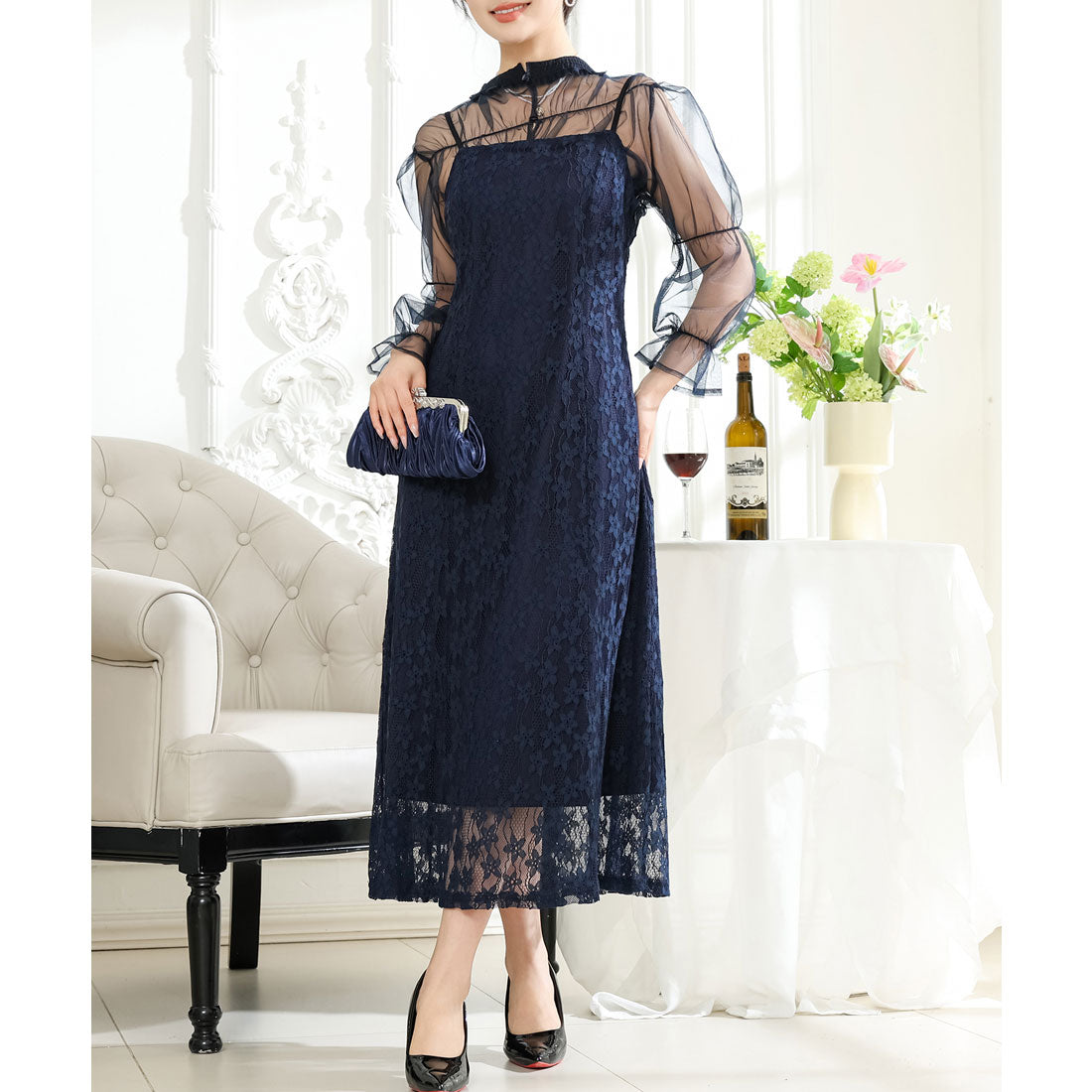 Lace Ladies 2WAY Sheer Top with Floral Lace Long Dress
