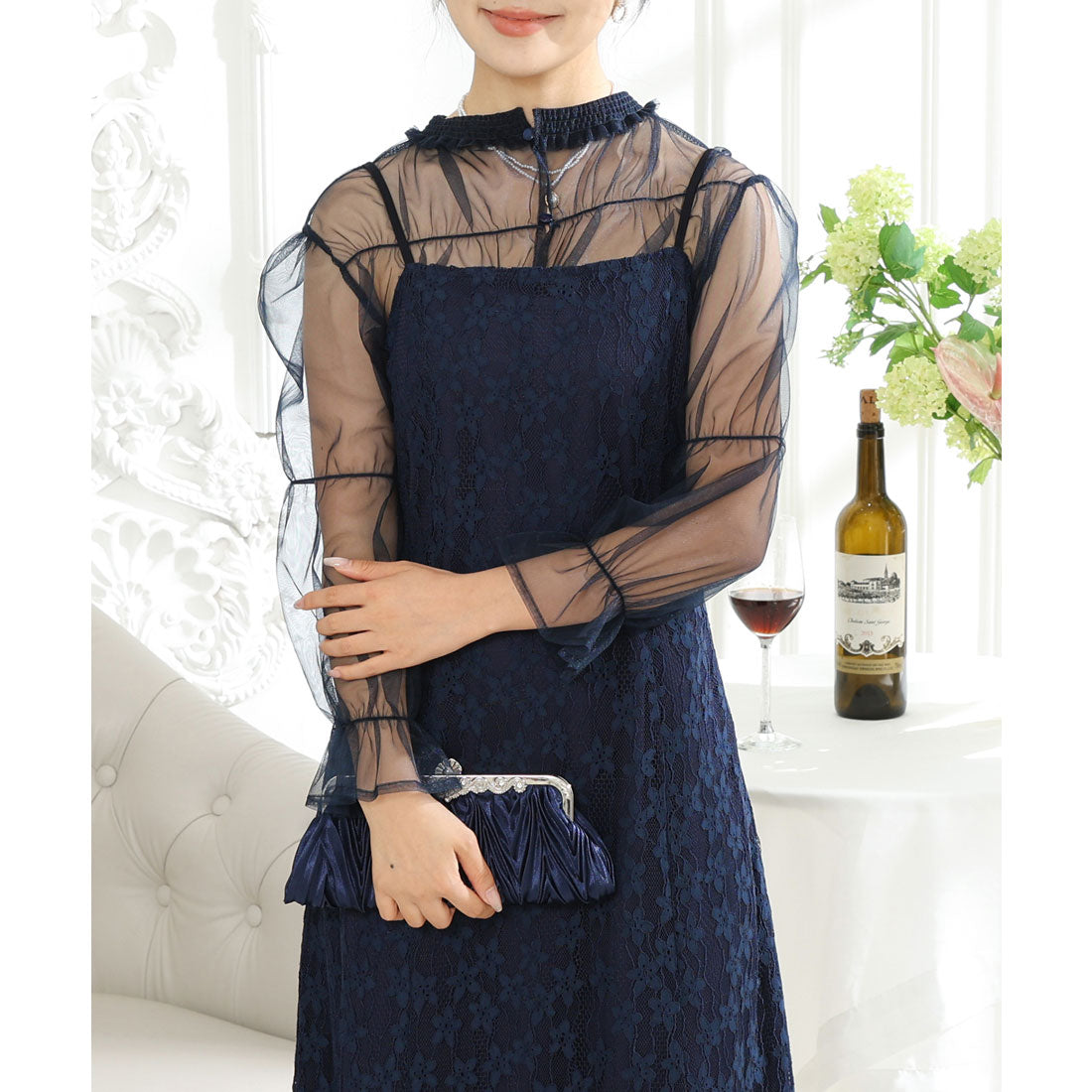 レースレディース Lace Ladies 2WAY シアー トップス付き 花柄 レース ロング ワンピース