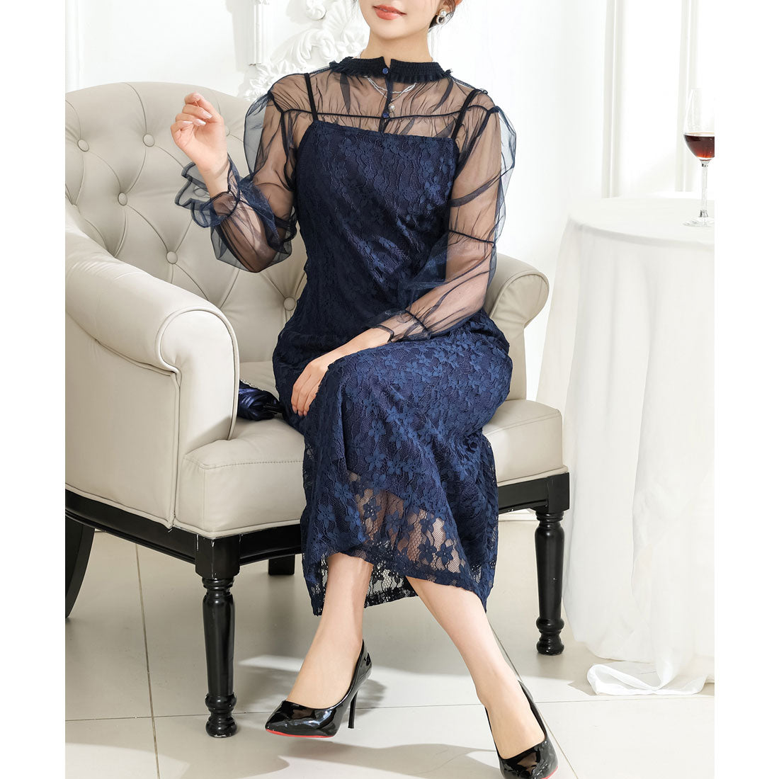 レースレディース Lace Ladies 2WAY シアー トップス付き 花柄 レース ロング ワンピース