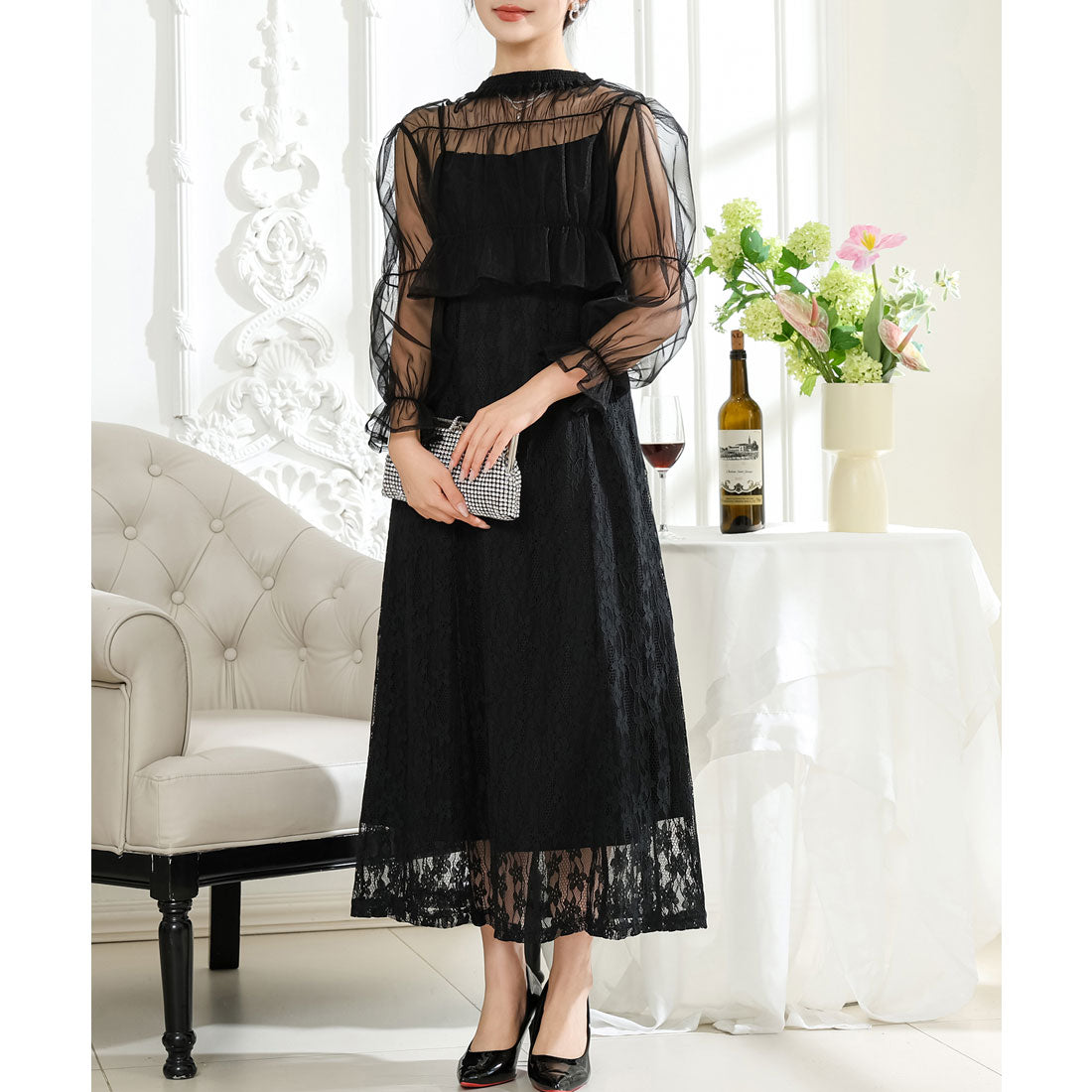 レースレディース Lace Ladies 2WAY シアー トップス付き 花柄 レース ロング ワンピース