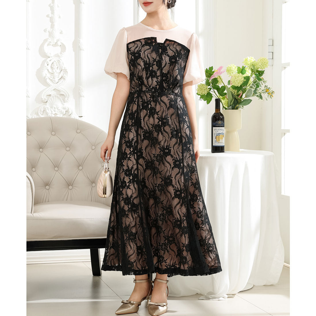 レースレディース Lace Ladies レース ドッキング タック ロング ワンピース