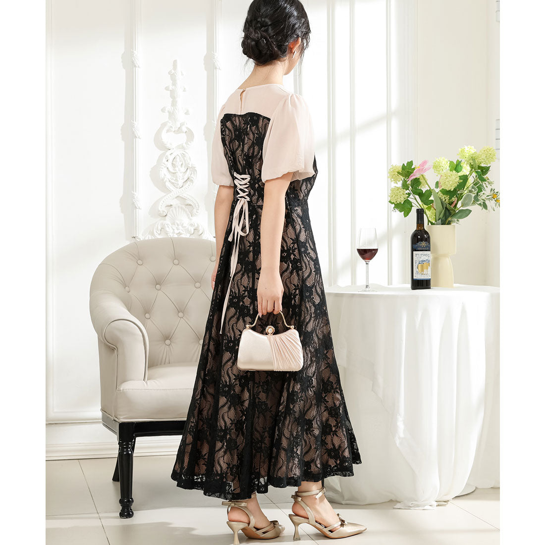 レースレディース Lace Ladies レース ドッキング タック ロング ワンピース