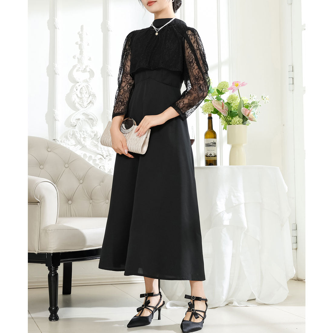 レースレディース Lace Ladies 2WAY レースボレロ付き Aライン ベーシック ロング ワンピース