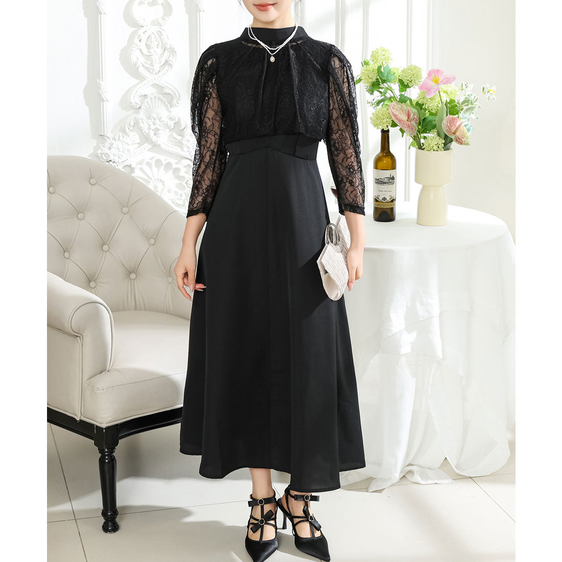 レースレディース Lace Ladies 2WAY レースボレロ付き Aライン ベーシック ロング ワンピース