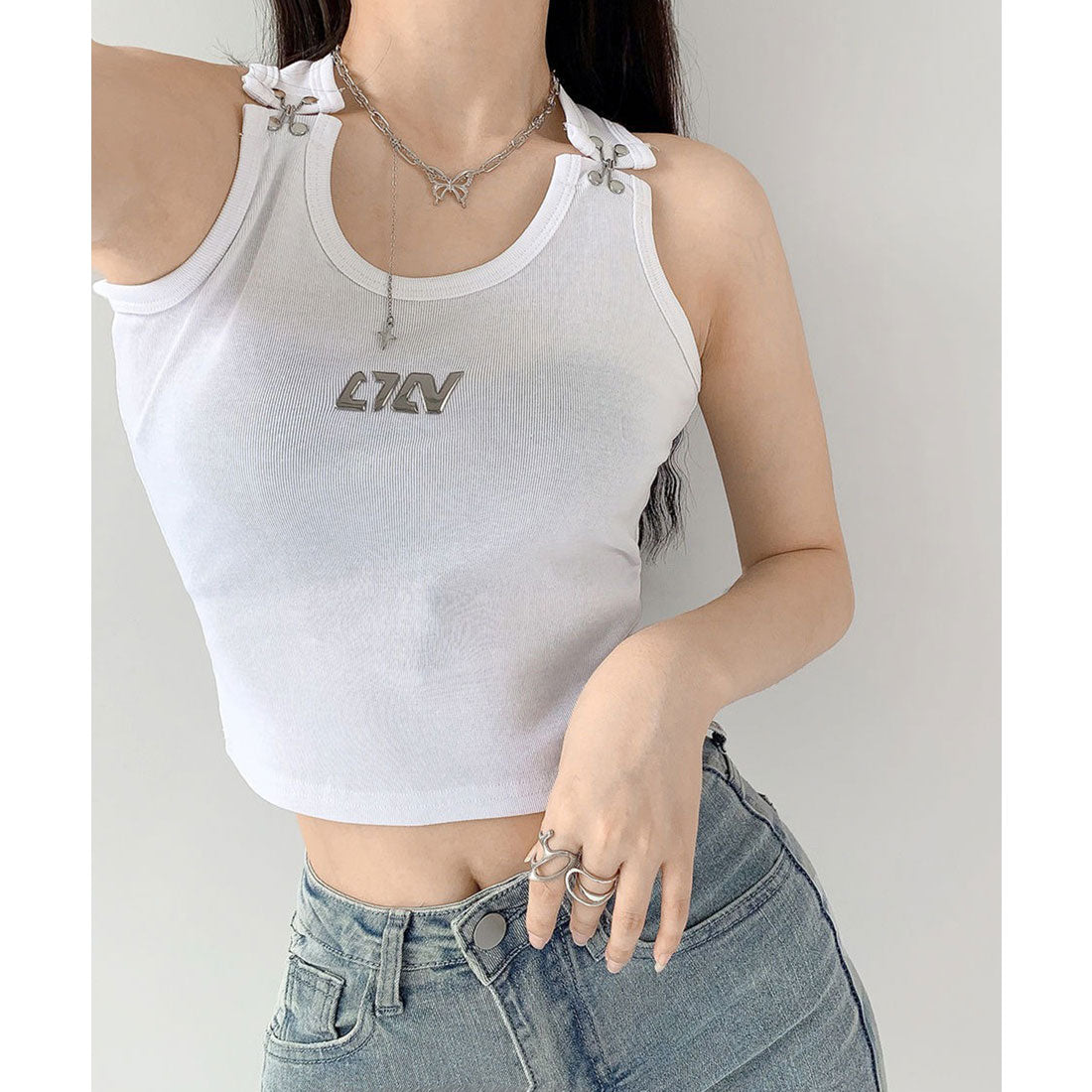 レースレディース Lace Ladies ソリッドカラー サスペンダー風 コンパクト ラウンド タンクトップ (ホワイト) ホワイト