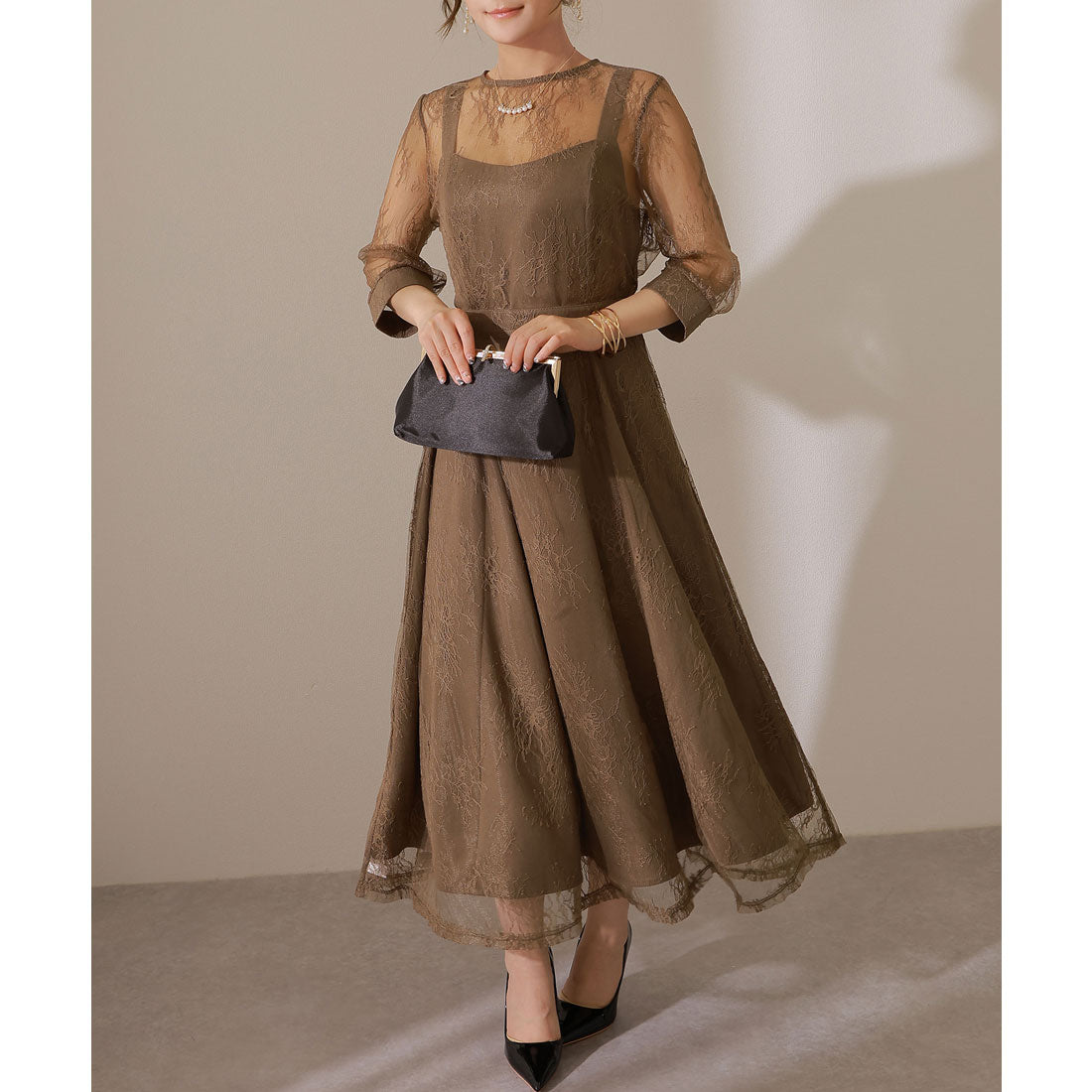 レースレディース Lace Ladies 【2点セット】レーストッパー付き ロング フレア ワンピース