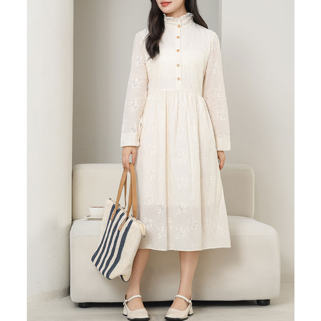 Lace Ladies Frill Petit High Neck Cut Lace Flare One-Piece Dress