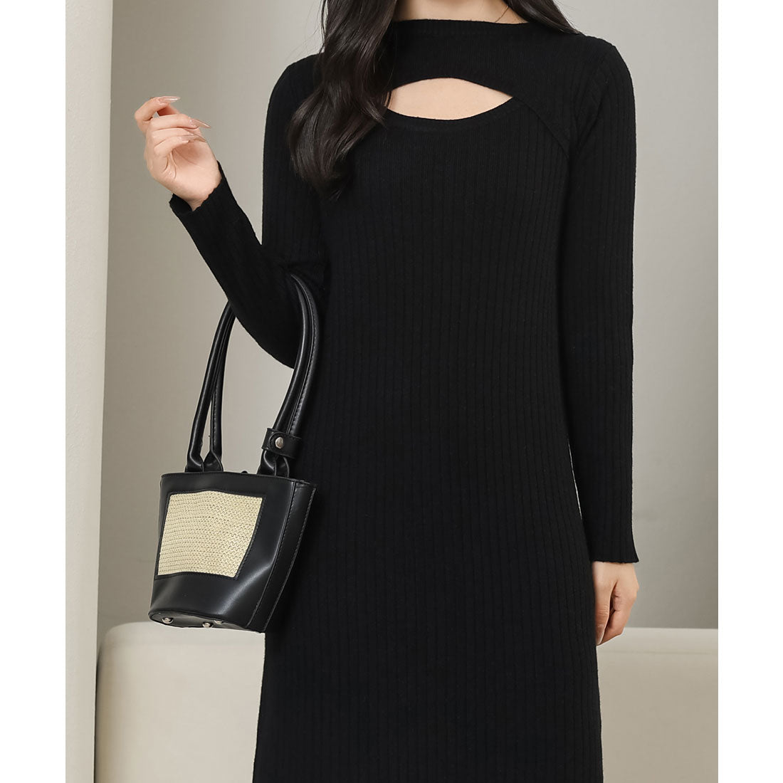 レースレディース Lace Ladies ソリッドカラー レイヤード風 リブ ニット ワンピース