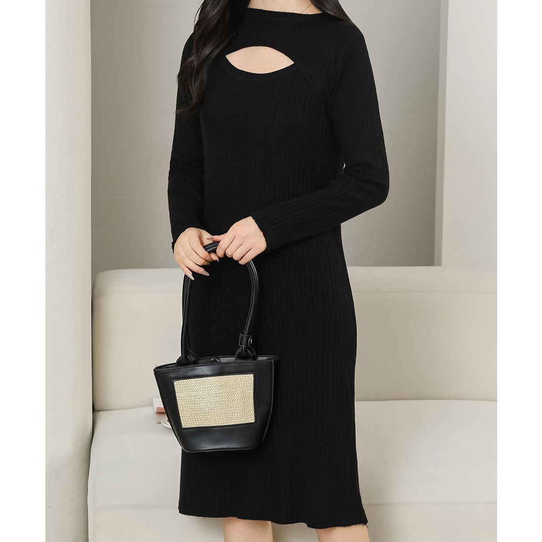 レースレディース Lace Ladies ソリッドカラー レイヤード風 リブ ニット ワンピース