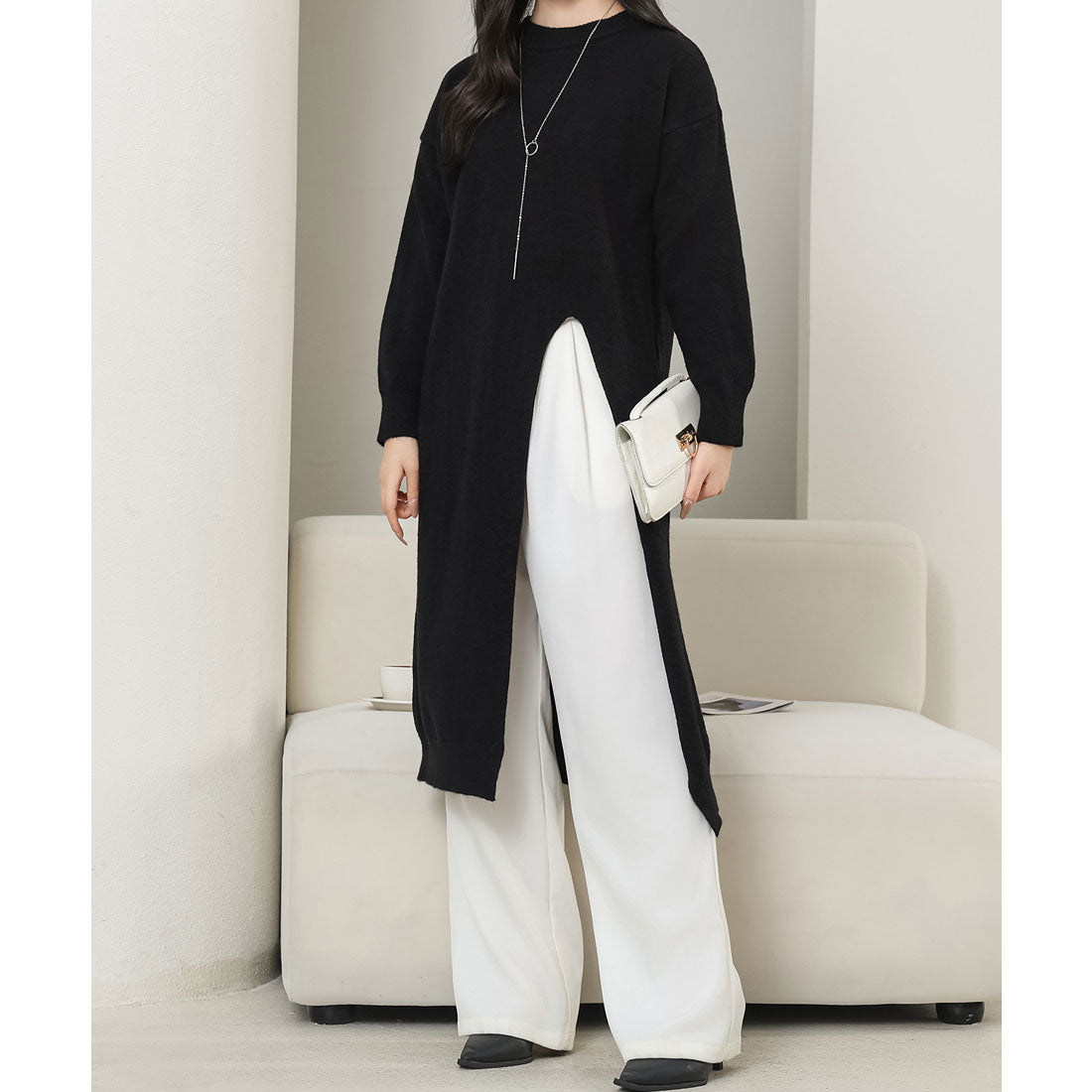 レースレディース Lace Ladies クルーネック サイド スリット ニット ワンピース