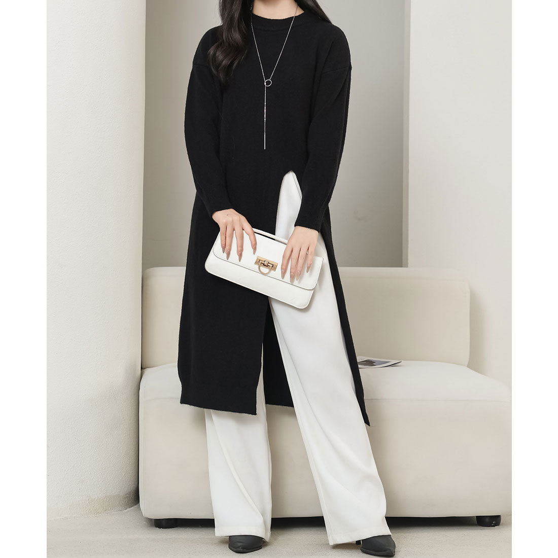 レースレディース Lace Ladies クルーネック サイド スリット ニット ワンピース