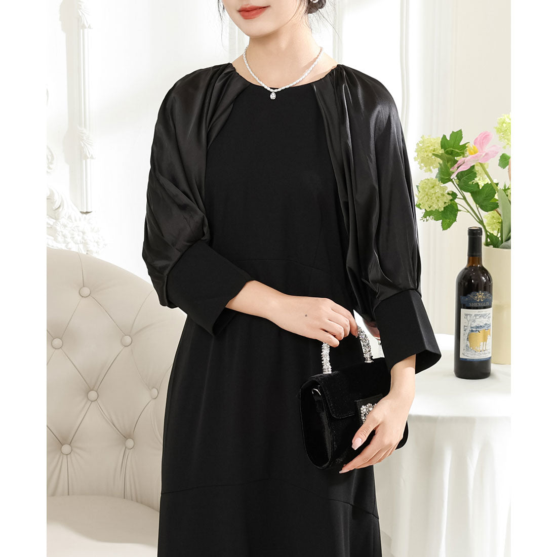 レースレディース Lace Ladies バルーン袖 サテン ドッキング マキシ ワンピース