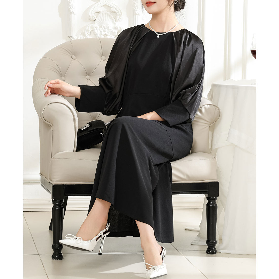 レースレディース Lace Ladies バルーン袖 サテン ドッキング マキシ ワンピース