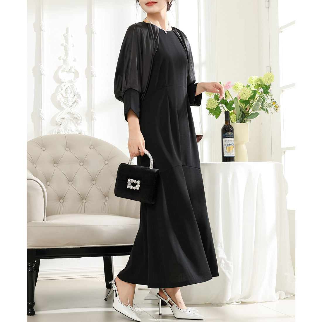 レースレディース Lace Ladies バルーン袖 サテン ドッキング マキシ ワンピース