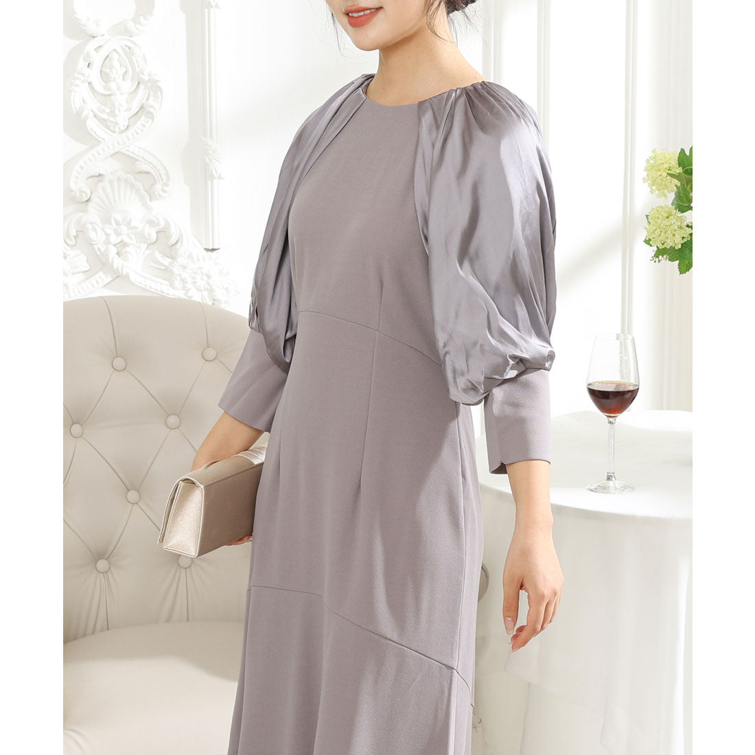 レースレディース Lace Ladies バルーン袖 サテン ドッキング マキシ ワンピース