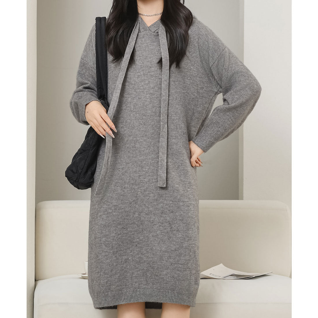 Lace Ladies Solid Color Hooded Long Sleeve Knit Dress