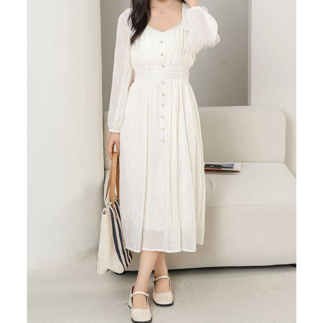 レースレディース Lace Ladies パフスリーブ スクエアVネック パール ボタン ワンピース