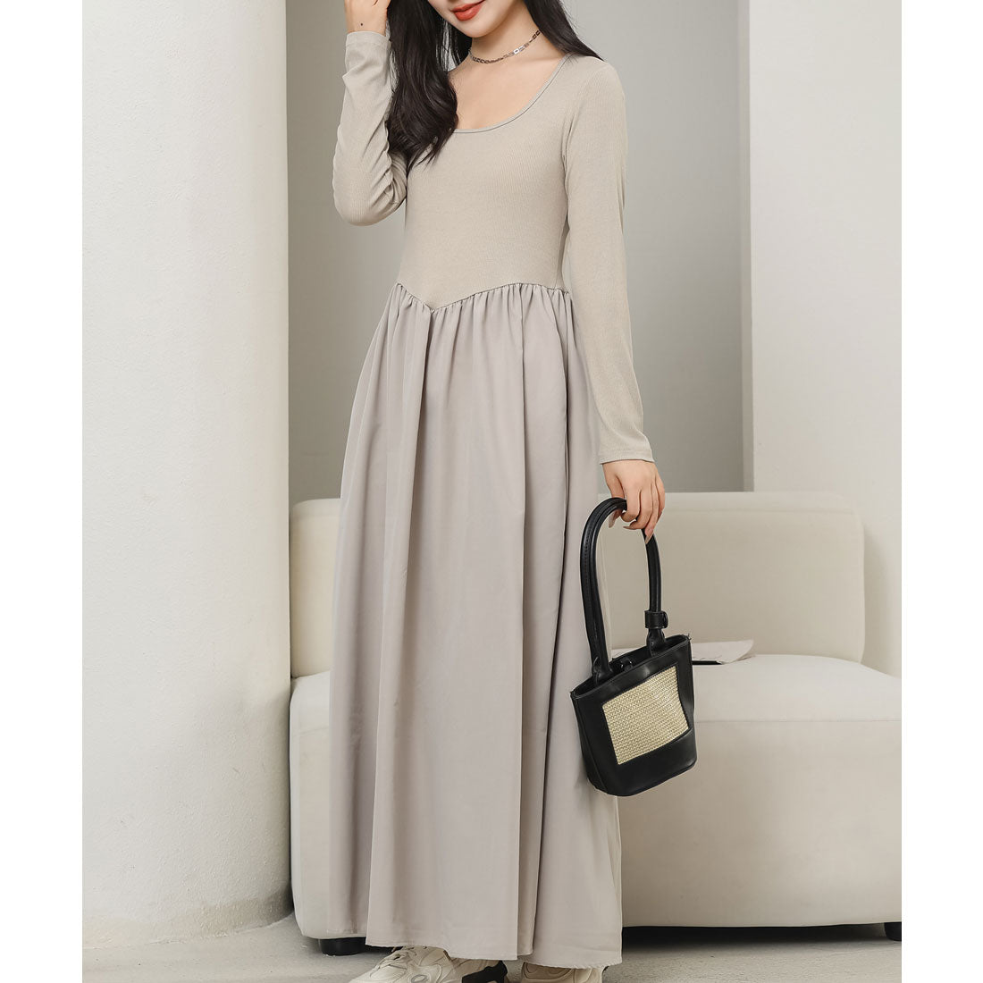 レースレディース Lace Ladies ラウンドネック 切り替え ギャザー ロング ワンピース