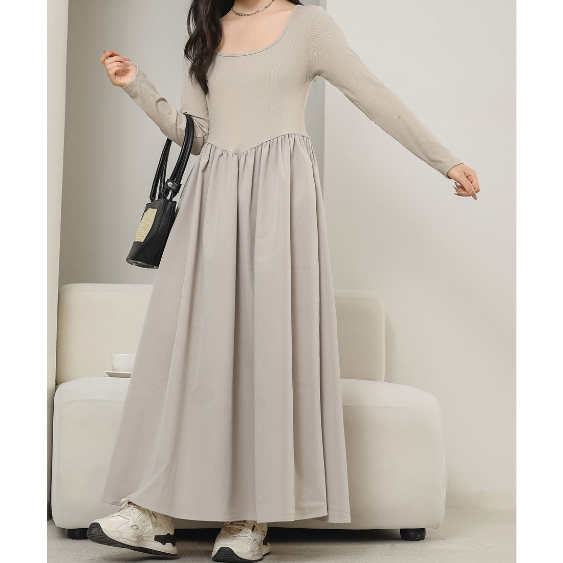レースレディース Lace Ladies ラウンドネック 切り替え ギャザー ロング ワンピース