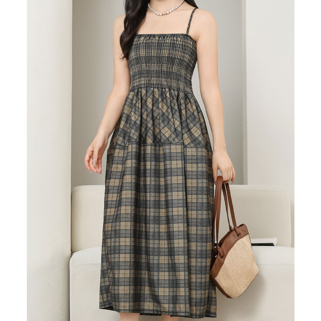 レースレディース Lace Ladies チェック柄 シャーリング キャミソール ロング ワンピース