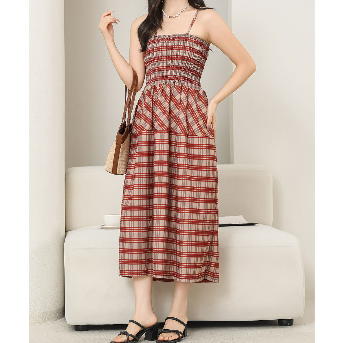 レースレディース Lace Ladies チェック柄 シャーリング キャミソール ロング ワンピース