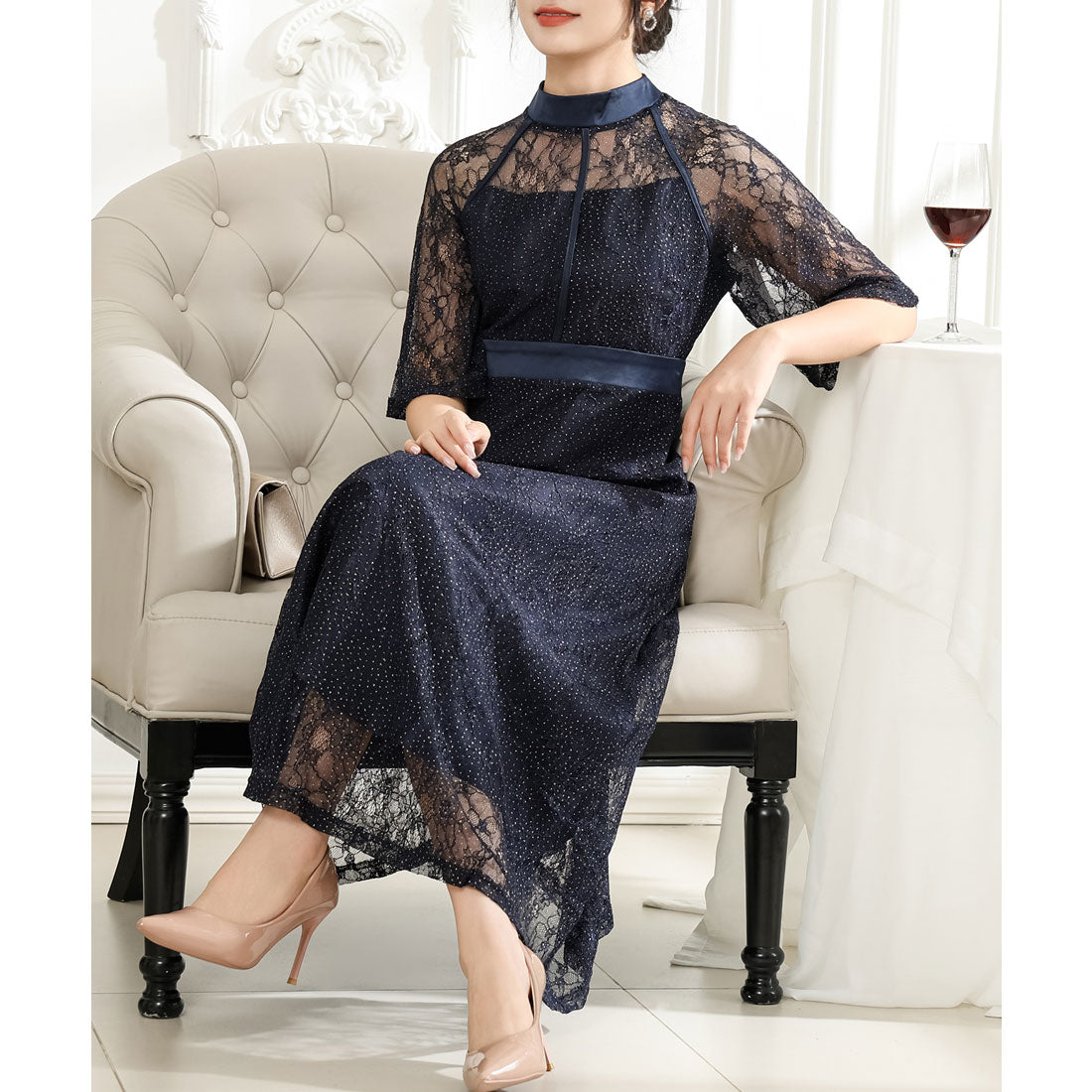 レースレディース Lace Ladies 総レース プチハイネック ハーフ袖 フレア ワンピース