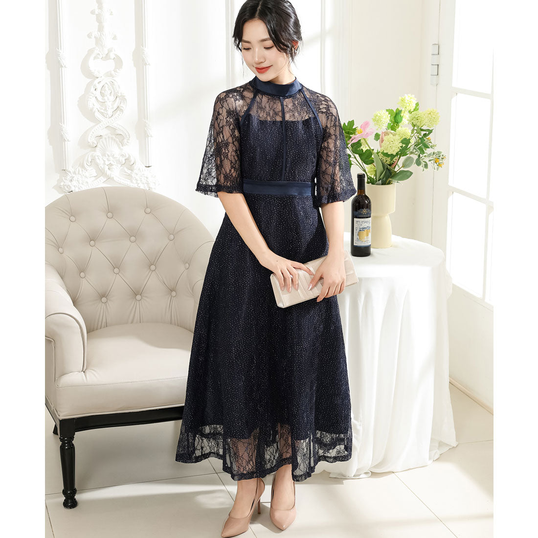 レースレディース Lace Ladies 総レース プチハイネック ハーフ袖 フレア ワンピース